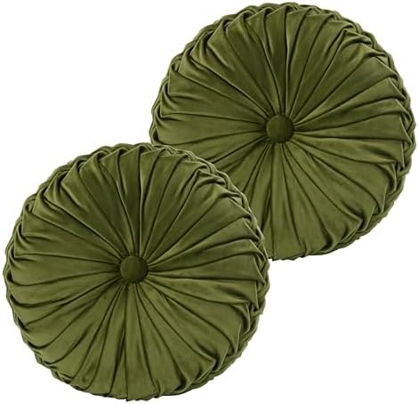 HIG Set of 2 Olive Velvet Decorative Round Pleated Throw Pillows by HIG