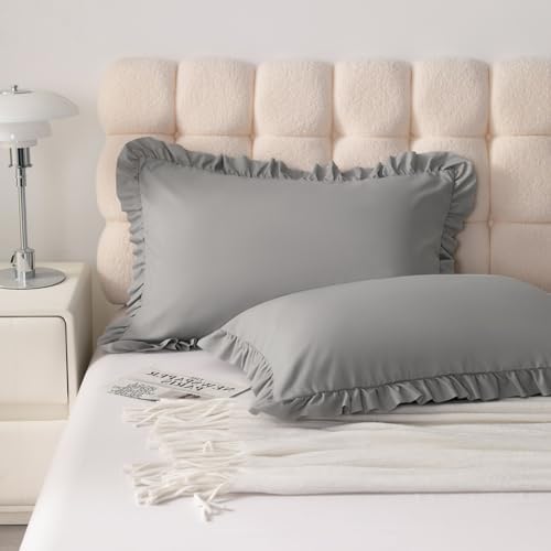 Ruffled King Pillow Shams, 2 Pack, 20x36 Inches, Smoke Grey - Image 2