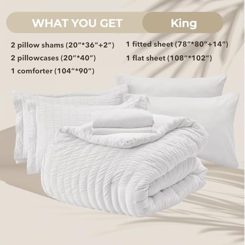 HYMOKEGE White King Size Comforter Set Seersucker 7 Pieces, All Season Luxury - Image 5