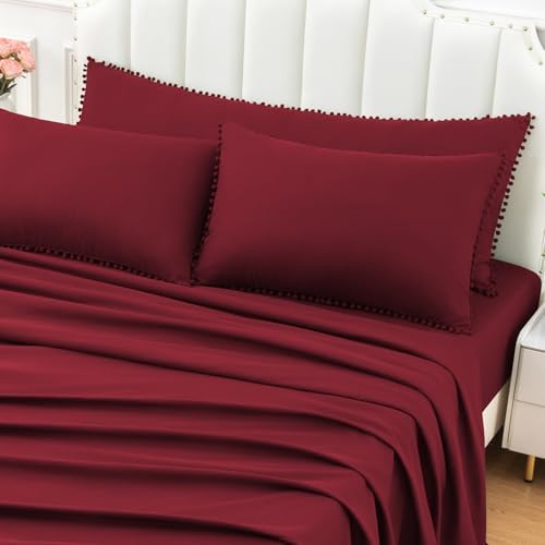 Pom Poms Pillow Shams Body Size, Burgundy Decorative Pillowcases - Image 5