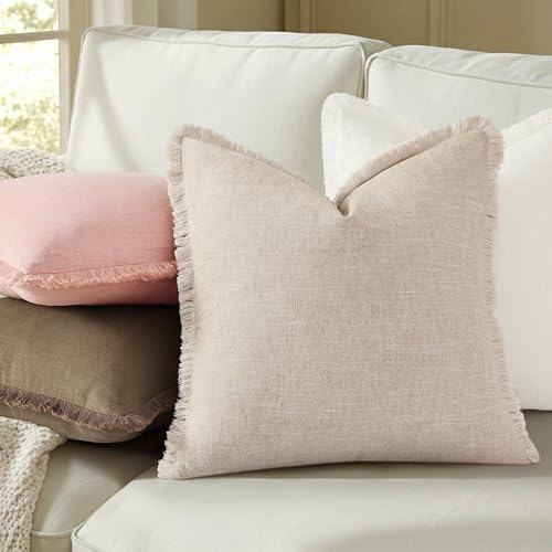 decorUhome Linen Fringe Pink Throw Pillow Covers 18x18 Set of 2 - Image 4