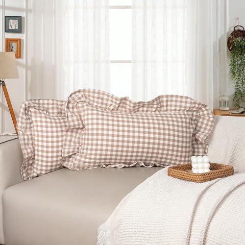 JoraLion Ruffled Throw Pillow Cover 12x20 Gingham Khaki by JoraLion