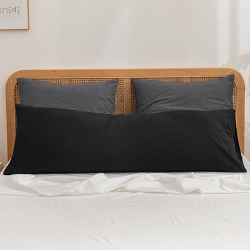 BESTOUCH Washed Cotton Pillowcases Linen Feel Dark Black Euro - Image 3
