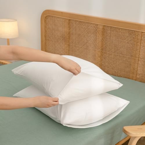 BESTOUCH Washed Cotton Pillowcases Linen Feel Bright White Standard - Image 3