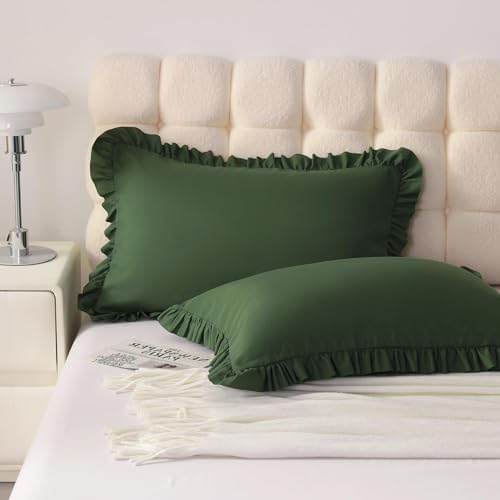 Ruffled King Pillow Shams, 2 Pack, 20x36 Inches, Olive Green - Image 2