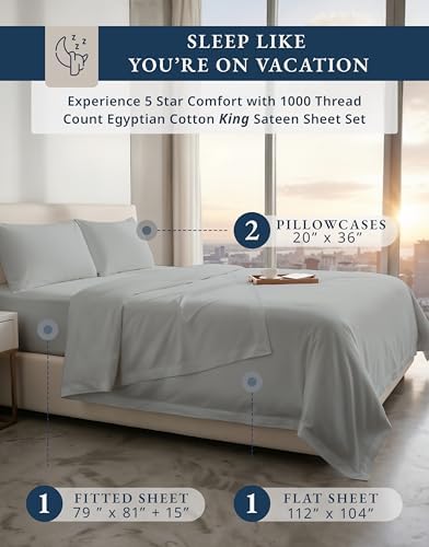 LANE LINEN King Sheets Cooling 100% Egyptian Cotton Sateen - Image 2