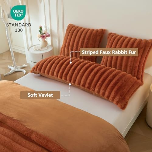 MEGO Fluffy Faux Rabbit Fur Ribbed Body Pillow Cover 20x54, Burnt Orange - Image 3