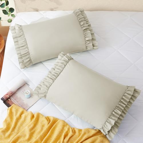 Vonty Taupe Ruffled Pillow Cases Set of 2, Queen Size, 20x30 Inch - Image 3