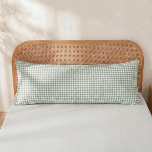 Merryword 100% Cotton Body Pillow Cover, 20 x 54, Sage Gingham Pillowcase - Image 2