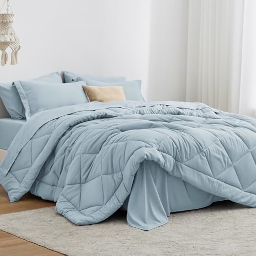 Love's cabin King Size Comforter Set Light Blue, 7 Pieces King Bed in a Bag by Lovescabin