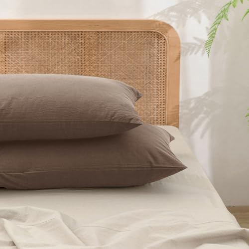 BESTOUCH Washed Cotton Pillowcases Linen Feel Pine Bark Brown Standard by BESTOUCH