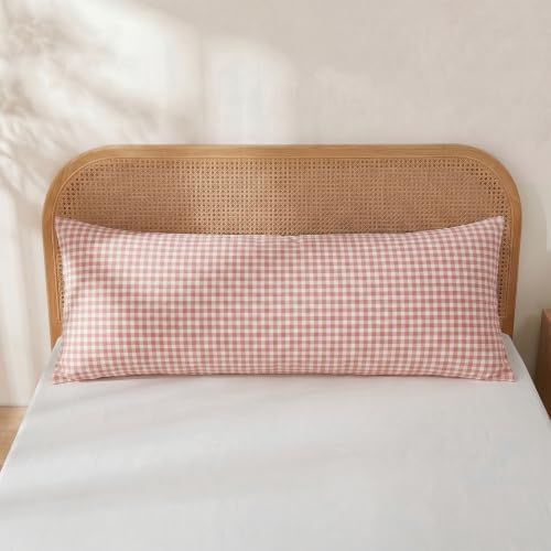 Merryword 100% Cotton Body Pillow Cover, 20 x 54, Rose Beige Gingham Pillowcase - Image 2