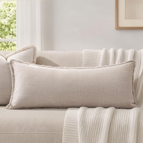 MIULEE 14x36 Long Linen Fringe Lumbar Pillow Covers Set of 1 Natural Beige - Image 7