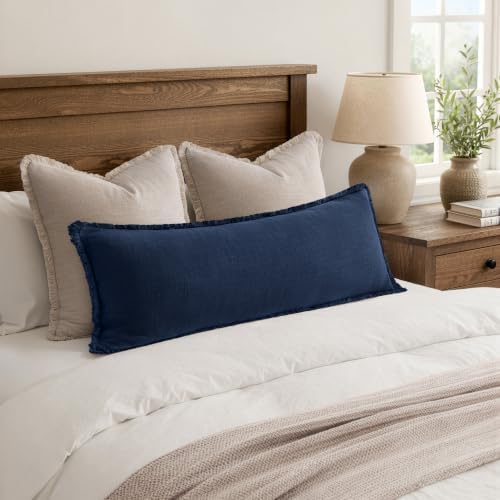 MIULEE 14x36 Long Linen Fringe Lumbar Pillow Covers Set of 1 Dark Navy - Image 5