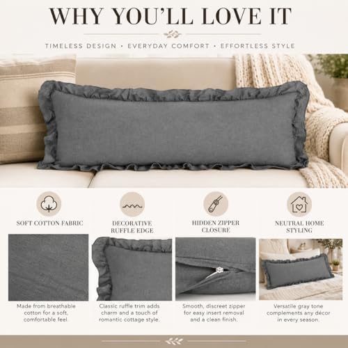 JoraLion Ruffled Lumbar Pillow Cover 14x36 Solid Gray - Image 5