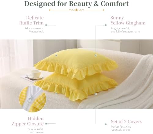 Gingham Throw Pillow Covers 18x18, Sunny Yellow, Ruffle Trim - Image 4