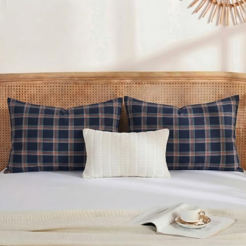 Merryword 100% Cotton Pillow Cases, King Size, Washed Cotton Deep Navy Plaid - Image 4