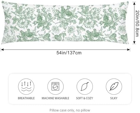 Sage Green and White Porcelain Floral Body Pillow Cover 20x54 Long Pillow Case - Image 2