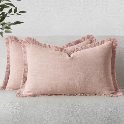 MIULEE Linen Fringe Decorative Lumbar Throw Pillow Covers Light Pink 12x20 by MIULEE