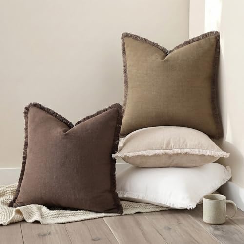 decorUhome Linen Fringe Light Brown Throw Pillow Covers 16x16 Set of 2 - Image 5