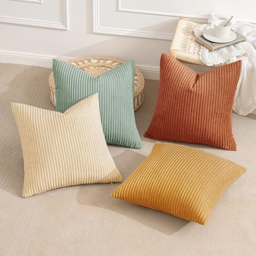 MIULEE Soft Corduroy Decorative Throw Pillow Covers Teal-Rust 18x18 - Image 2