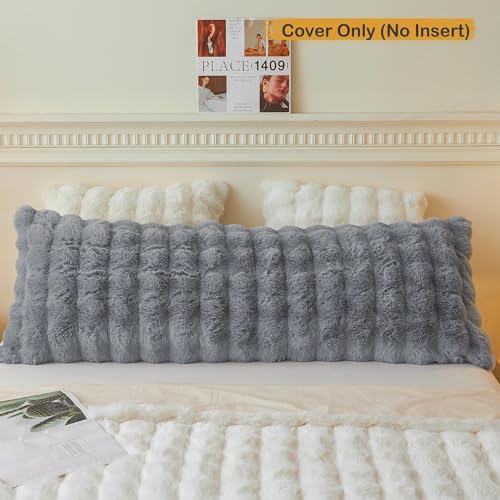 LIFEREVO Fluffy Faux Rabbit Fur Body Pillow Cover 20"x54", Light Grey - Image 2