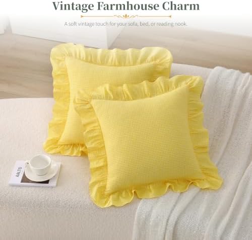 Gingham Throw Pillow Covers 20x20, Sunny Yellow, Ruffle Trim - Image 2