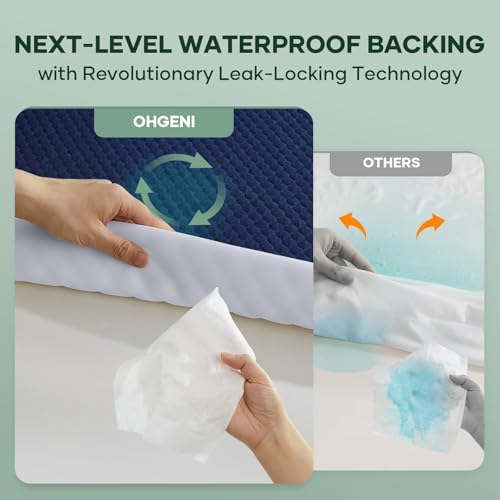 OhGeni 100% Waterproof Mattress Protector, Full Size Navy Bamboo Viscose Top - Image 3