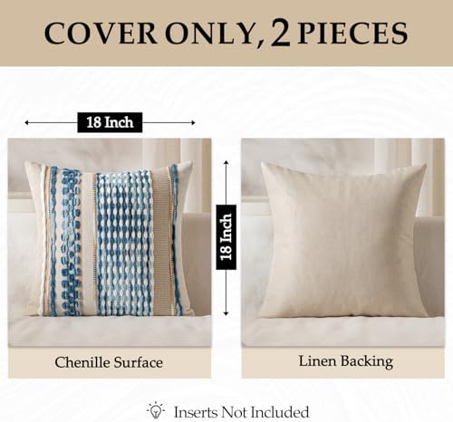 ANRODUO Boho Decorative Throw Pillow Covers Sky Blue Stripe 18x18 Pack of 2 - Image 4