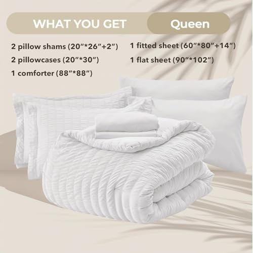 HYMOKEGE White Queen Comforter Set Seersucker 7 Pieces, All Season Luxury Bed - Image 5