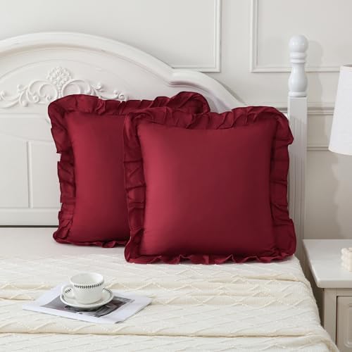Merryword Burgundy Pillowcases 18x18 Cute Throw Pillow Covers Pack of 2 Ruffle by Merryword