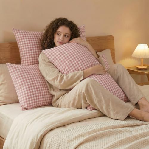 Merryword 100% Cotton Pillow Cases, King Size, Rose Beige Gingham Pillowcases - Image 5