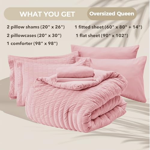 HYMOKEGE Pink Oversized Queen Comforter Set Seersucker 7 Pieces, All Season - Image 5
