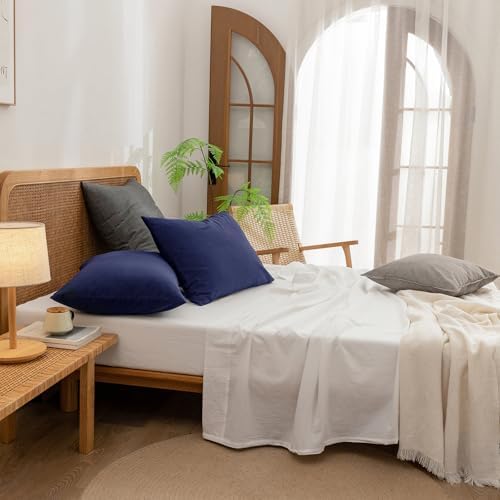 BESTOUCH Washed Cotton Pillowcases Linen Feel Navy Blue King - Image 5