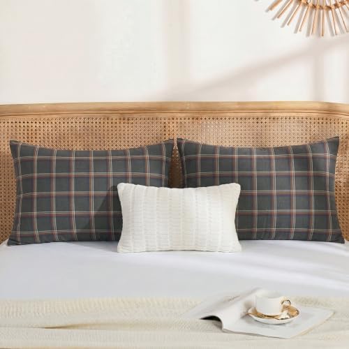 Merryword 100% Cotton Pillow Cases, Queen Size, Washed Cotton Deep Brown Plaid - Image 4