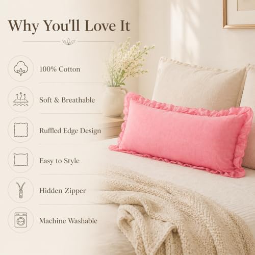 JoraLion Ruffled Lumbar Pillow Cover 14x36 Solid Pink - Image 5