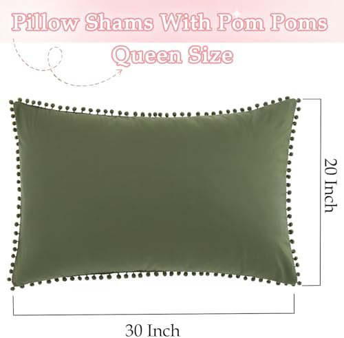 Pom Poms Pillow Shams Queen Size Set of 2, Olive Green Decorative Pillowcases - Image 3