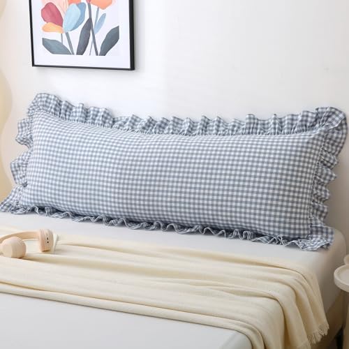Dusty Blue Gingham Body Pillow Cover 20x54, Ruffled Cotton Sham by Jilboo