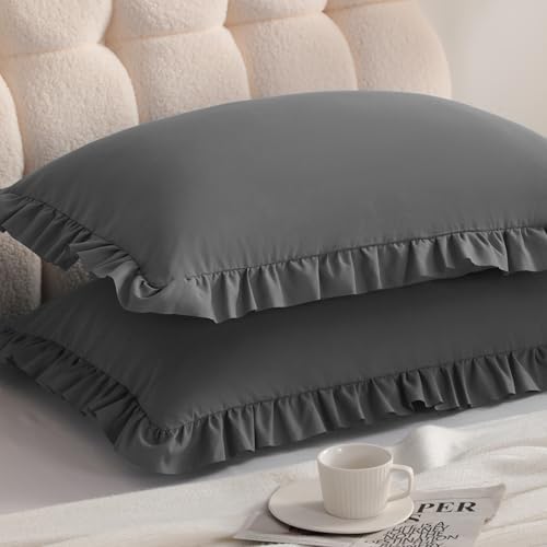 Ruffled Standard Pillow Shams, 2 Pack, 20x26 Inches, Dark Grey by Aerlomi