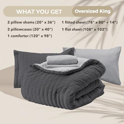 HYMOKEGE Dark Grey/Light Grey Oversized King Comforter Set Seersucker 7 Pieces - Image 5