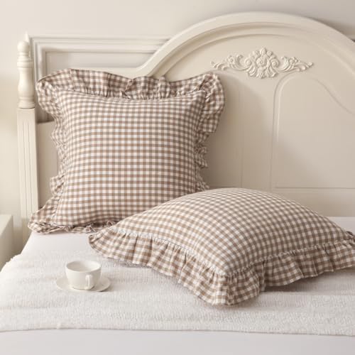 Silnuo 2 Pack Taupe/White Plaid Ruffle Throw Pillow Covers 18"x18" by Silnuo