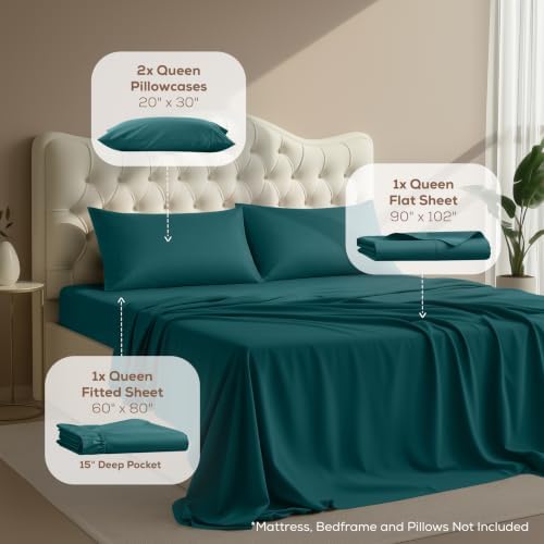 Queen Sheets Set, 4 Pieces 16" Deep Pocket Hotel Luxury Sheets, Teal Green - Image 2