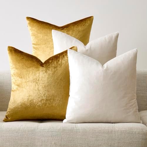 GIGIZAZA Pack of 4 Decorative Velvet Pillow Covers 20x20 Ivory Gold - Image 7