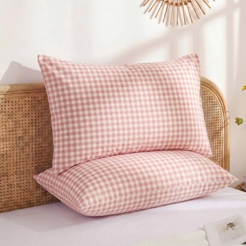 Merryword 100% Cotton Pillow Cases, King Size, Rose Beige Gingham Pillowcases - Image 2