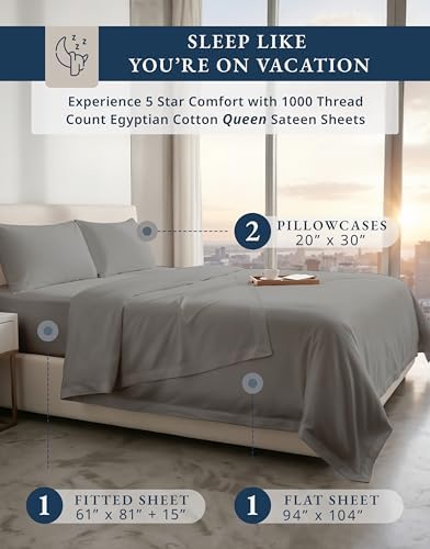 LANE LINEN Sheets Queen Size Bed Set 100% Egyptian Cotton Sateen - Image 2