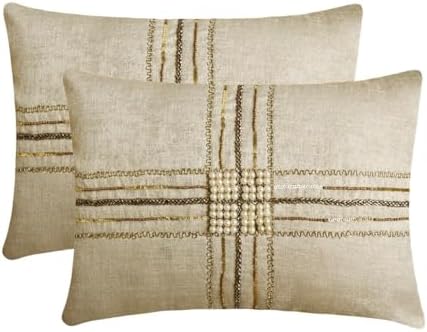 The HomeCentric Pack of 2 Decorative Lumbar Pillow Cover Gold, Hand Embrodiery - Image 6
