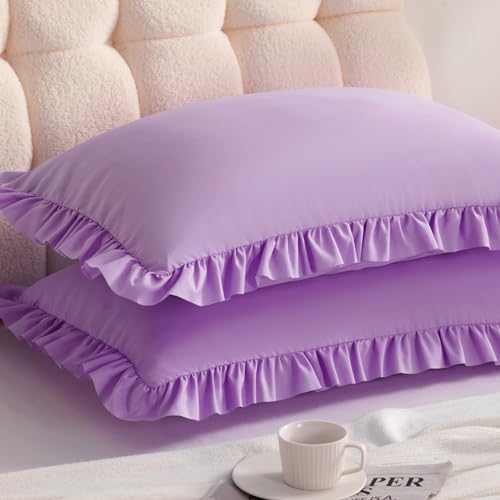 Ruffled King Pillow Shams, 2 Pack, 20x36 Inches, Light Purple by Aerlomi
