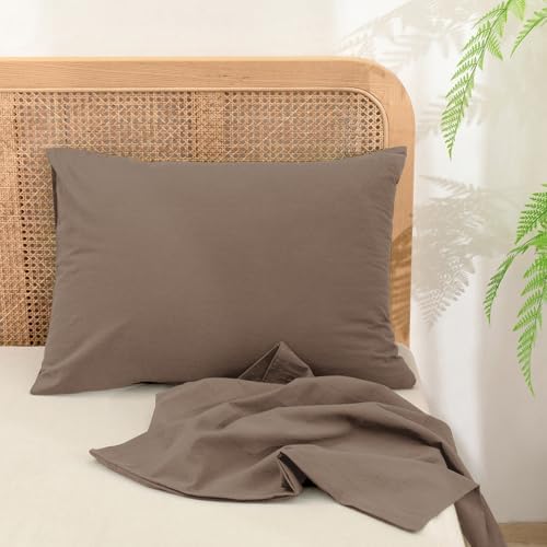 BESTOUCH Washed Cotton Pillowcases Linen Feel Pine Bark Brown King - Image 3