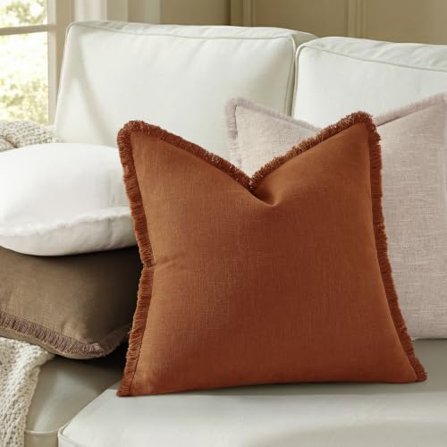 decorUhome Linen Fringe Light Rust Throw Pillow Covers 16x16 Set of 2 - Image 3