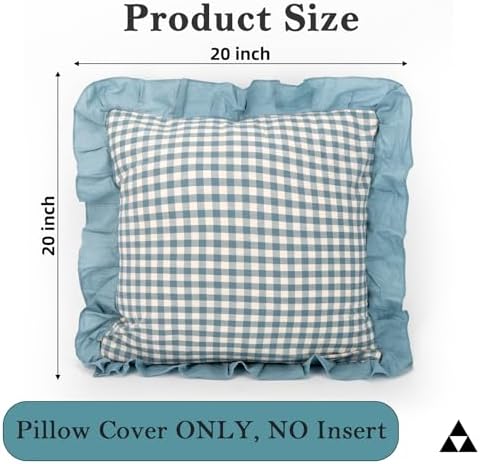 JoraLion Ruffled 20x20 Pillow Cover Gingham Smoke Blue Solid Edge - Image 3